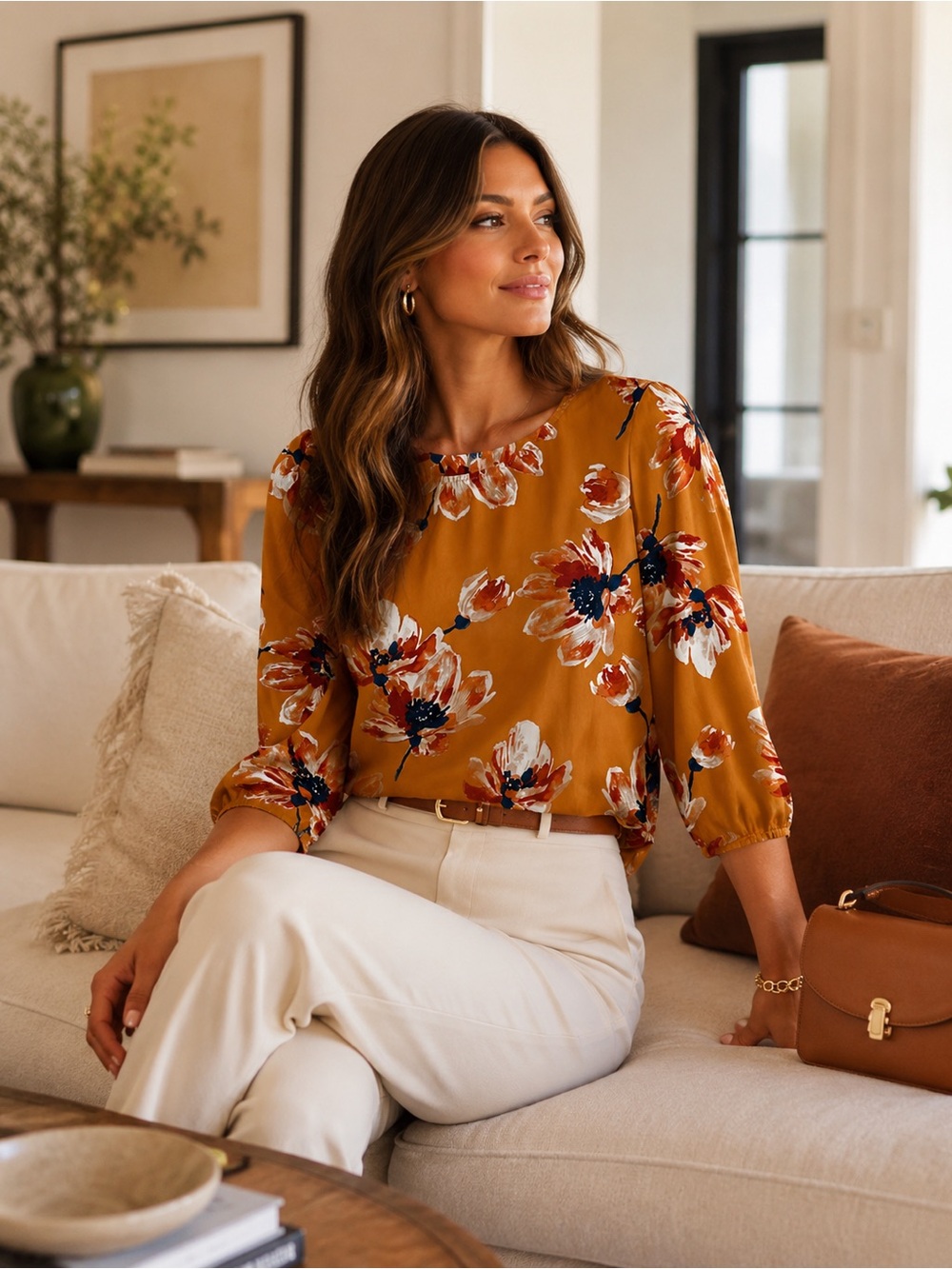Floral Balloon-Sleeve Blouse in Mustard